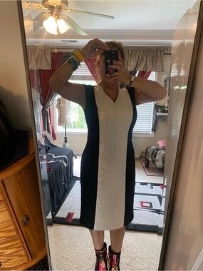 Calvin Klein Black and White V‑Neck Panel Sheath Dress